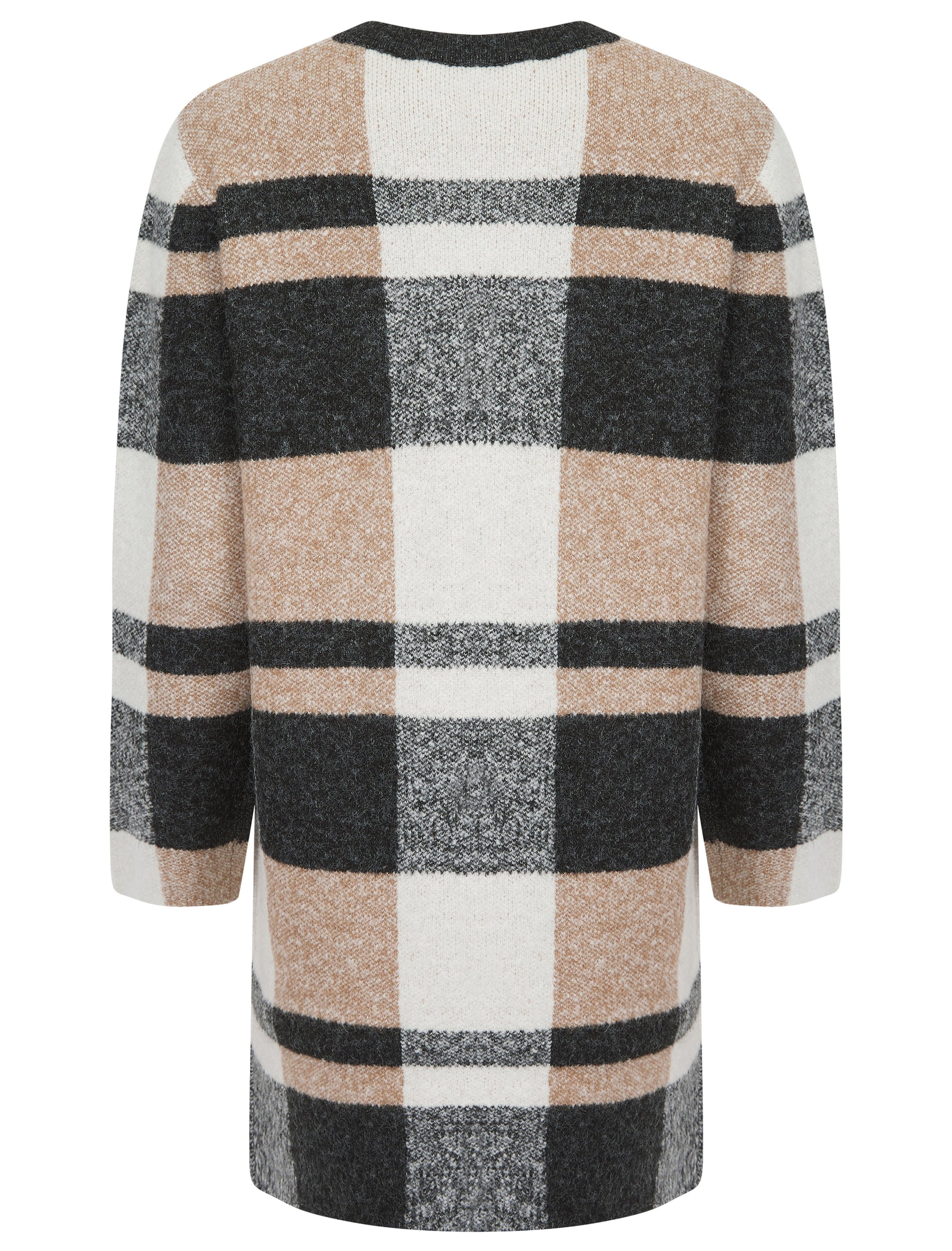 CHARCOAL AND BEIGE LONG TWO POCKET KNITTED CARDIGAN
