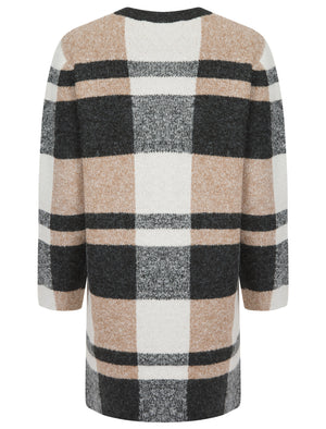 CHARCOAL AND BEIGE LONG TWO POCKET KNITTED CARDIGAN