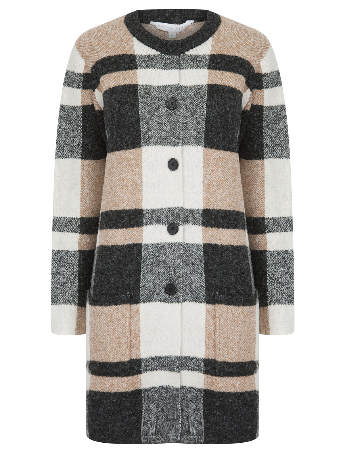 CHARCOAL AND BEIGE LONG TWO POCKET KNITTED CARDIGAN