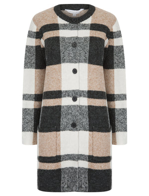 CHARCOAL AND BEIGE LONG TWO POCKET KNITTED CARDIGAN