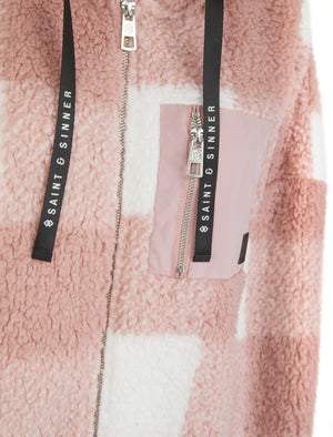 PINK AND WHITE CHECK POCKET DETAIL HOODED TEDDY JACKET
