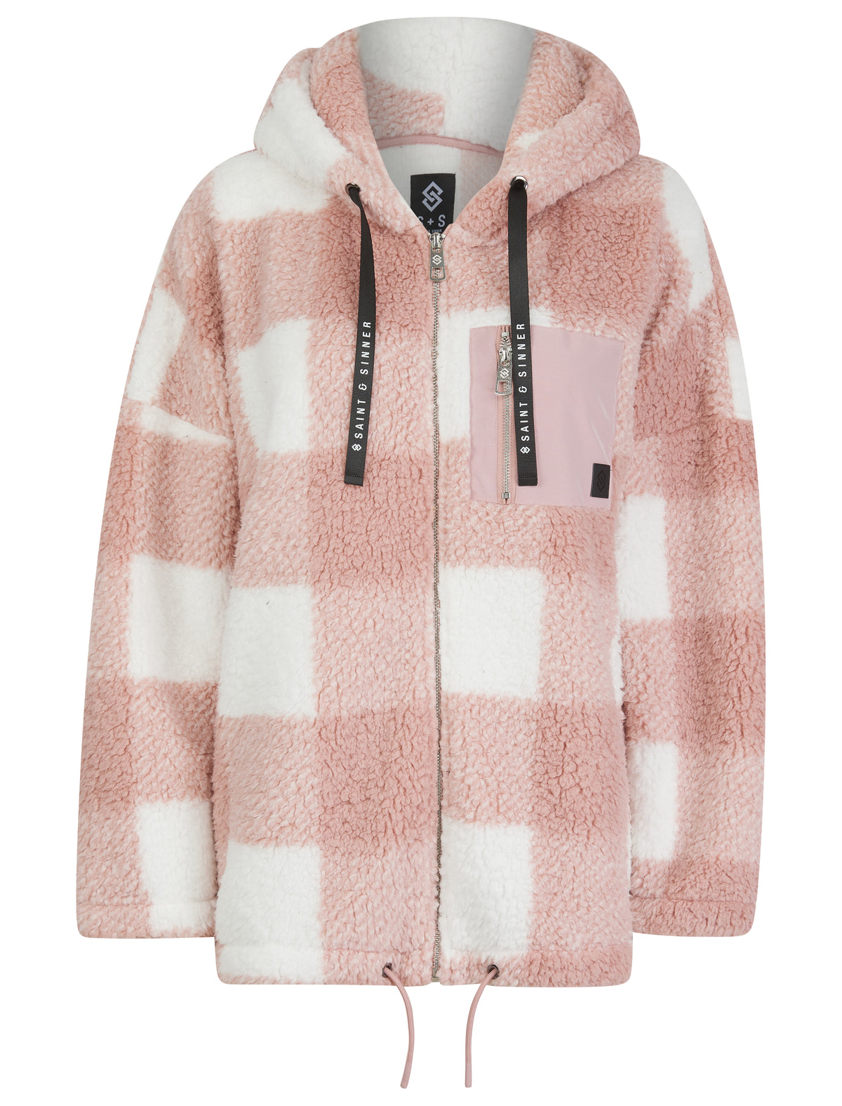 PINK AND WHITE CHECK POCKET DETAIL HOODED TEDDY JACKET