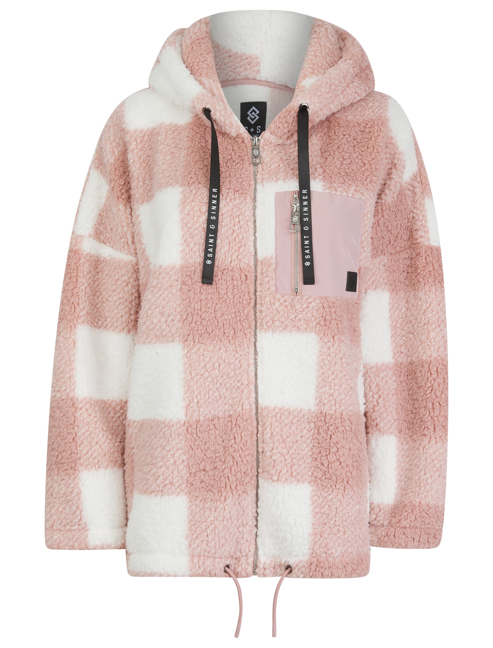 PINK AND WHITE CHECK POCKET DETAIL HOODED TEDDY JACKET