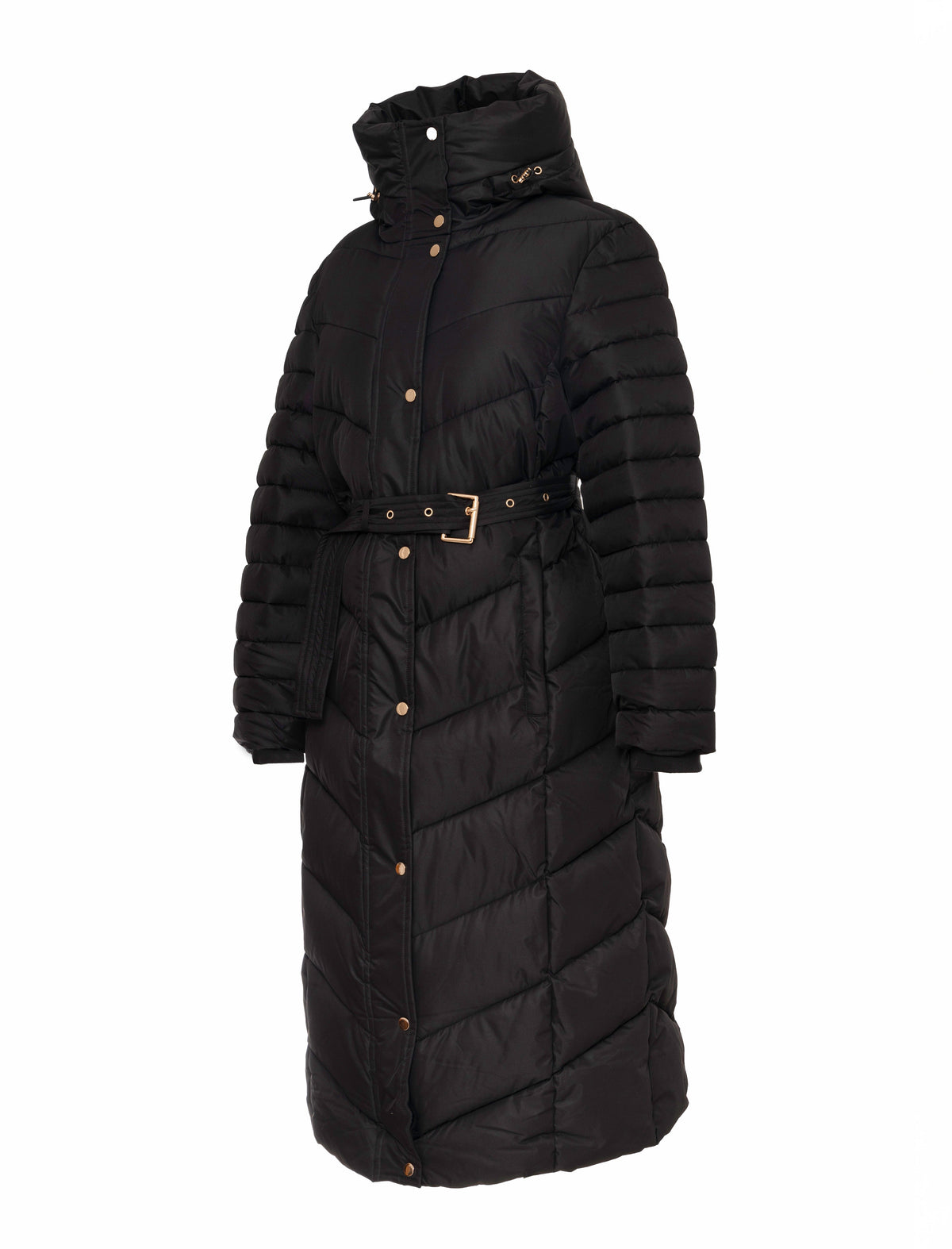 BLACK QUILTED GOLD TRIM LONGLINE BELTED HOODED COAT