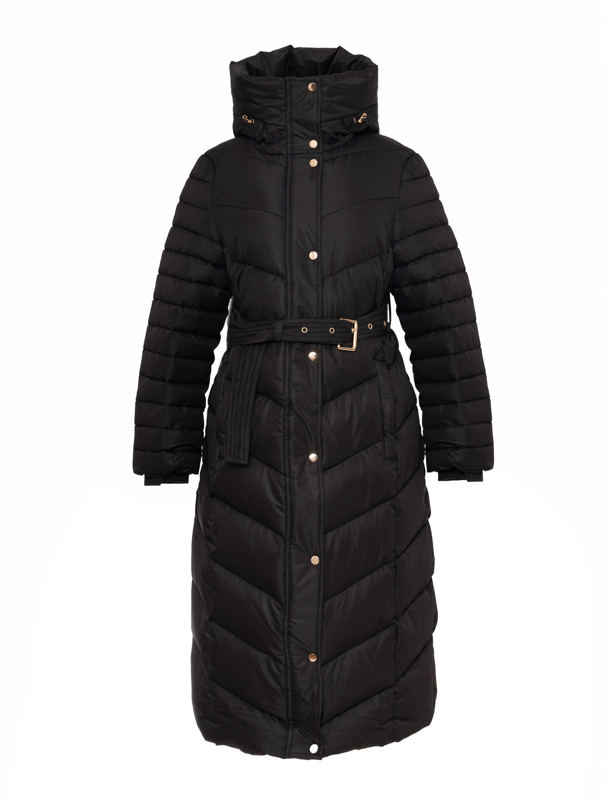 BLACK QUILTED GOLD TRIM LONGLINE BELTED HOODED COAT
