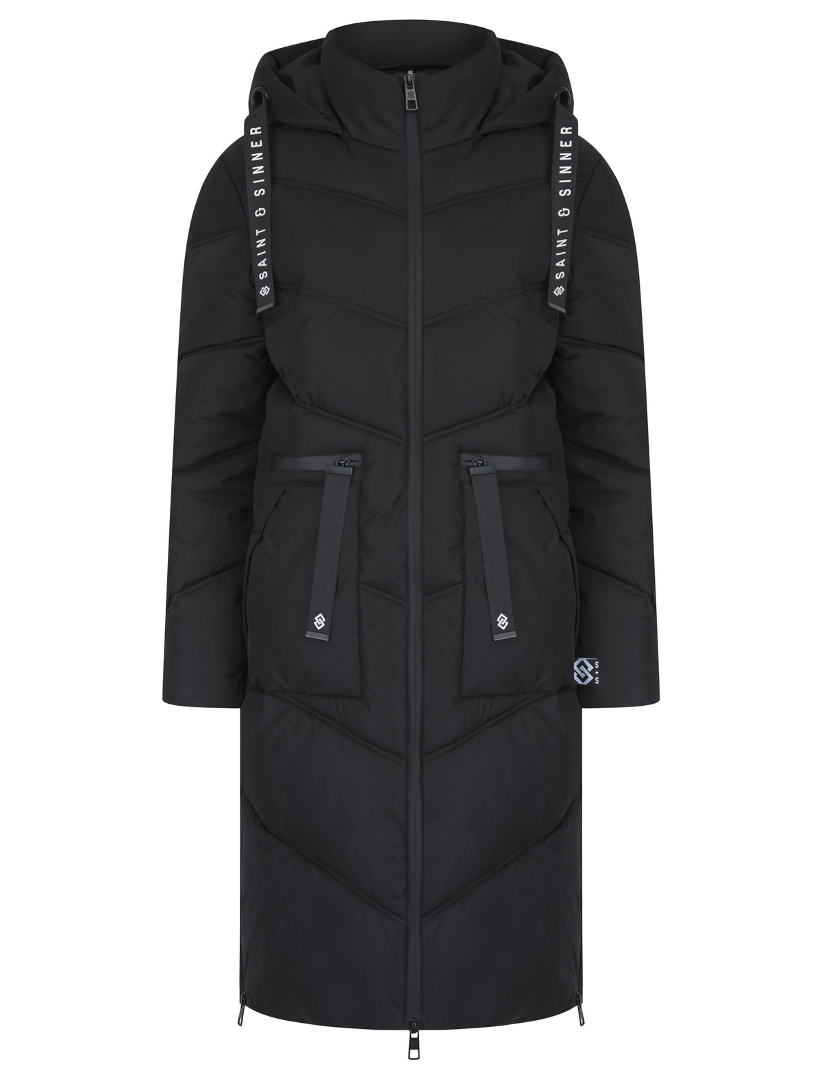 BLACK QUILTED HOODED 4 POCKET PUFFER COAT