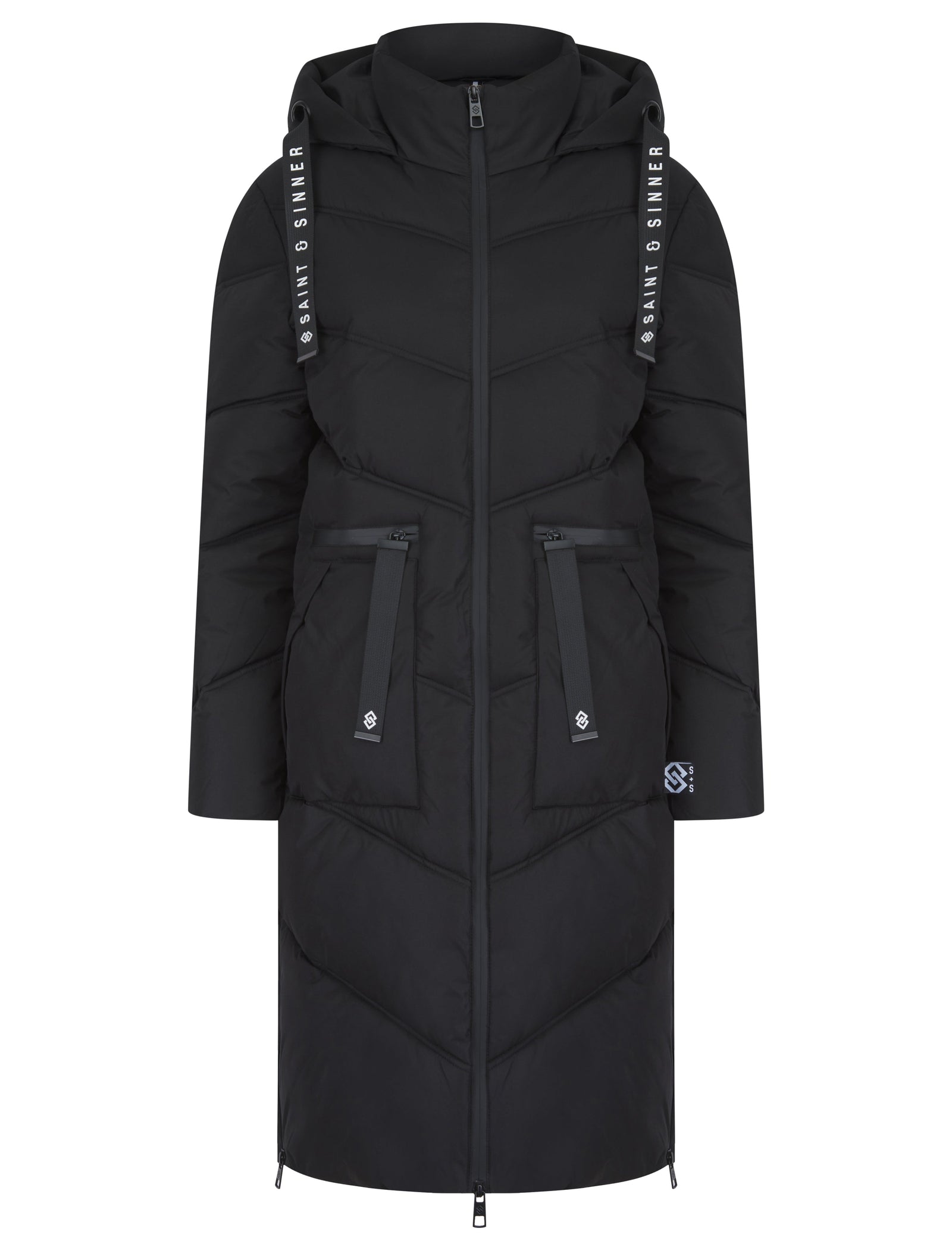 BLACK QUILTED HOODED 4 POCKET PUFFER COAT