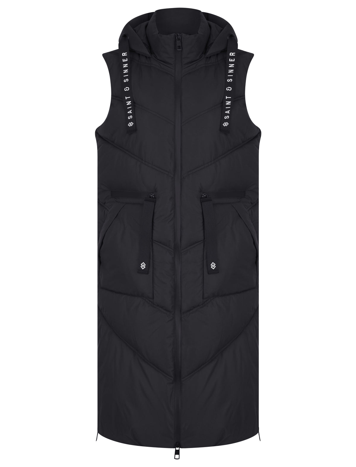 BLACK QUILTED HOODED 4 POCKET PUFFER GILET
