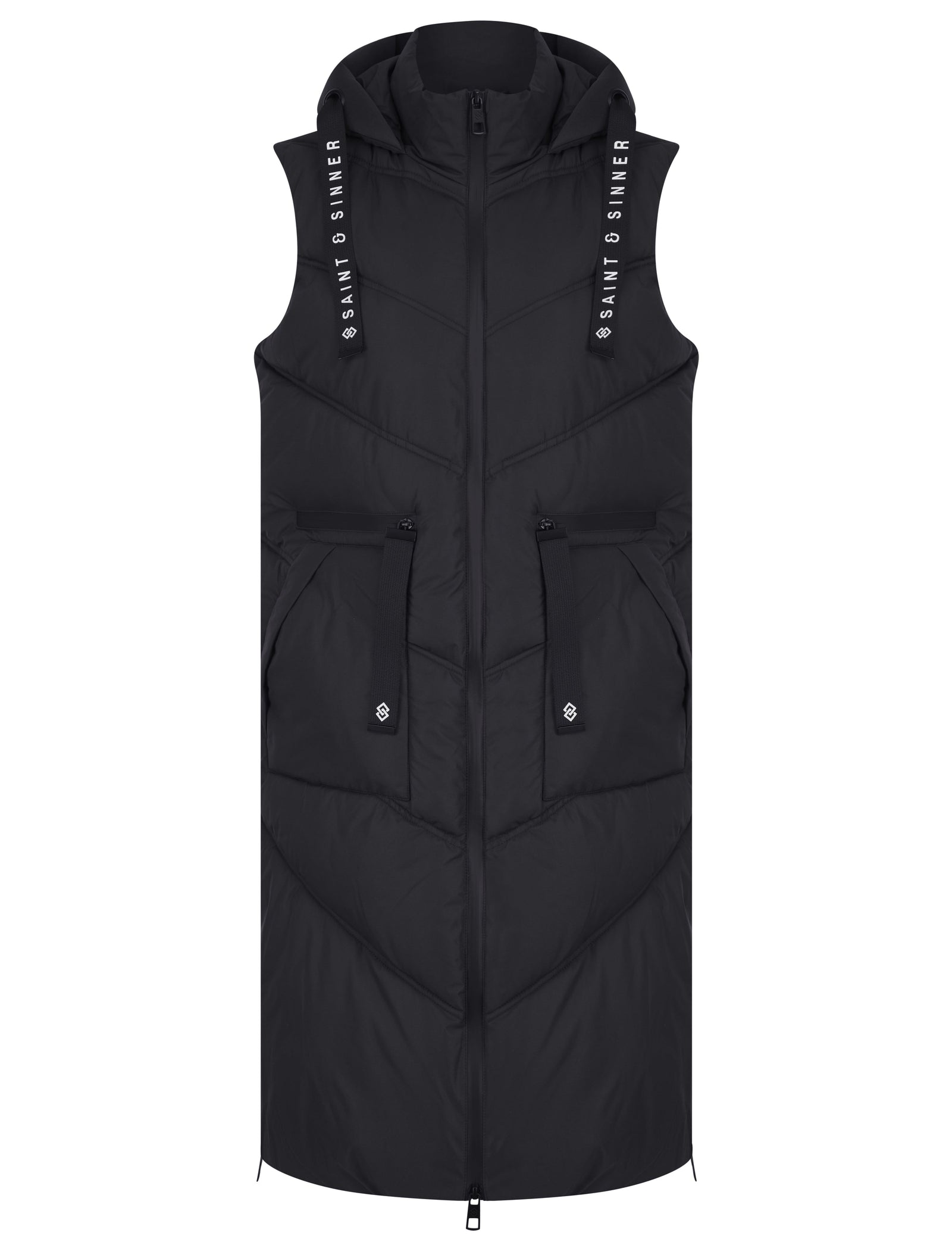 BLACK QUILTED HOODED 4 POCKET PUFFER GILET