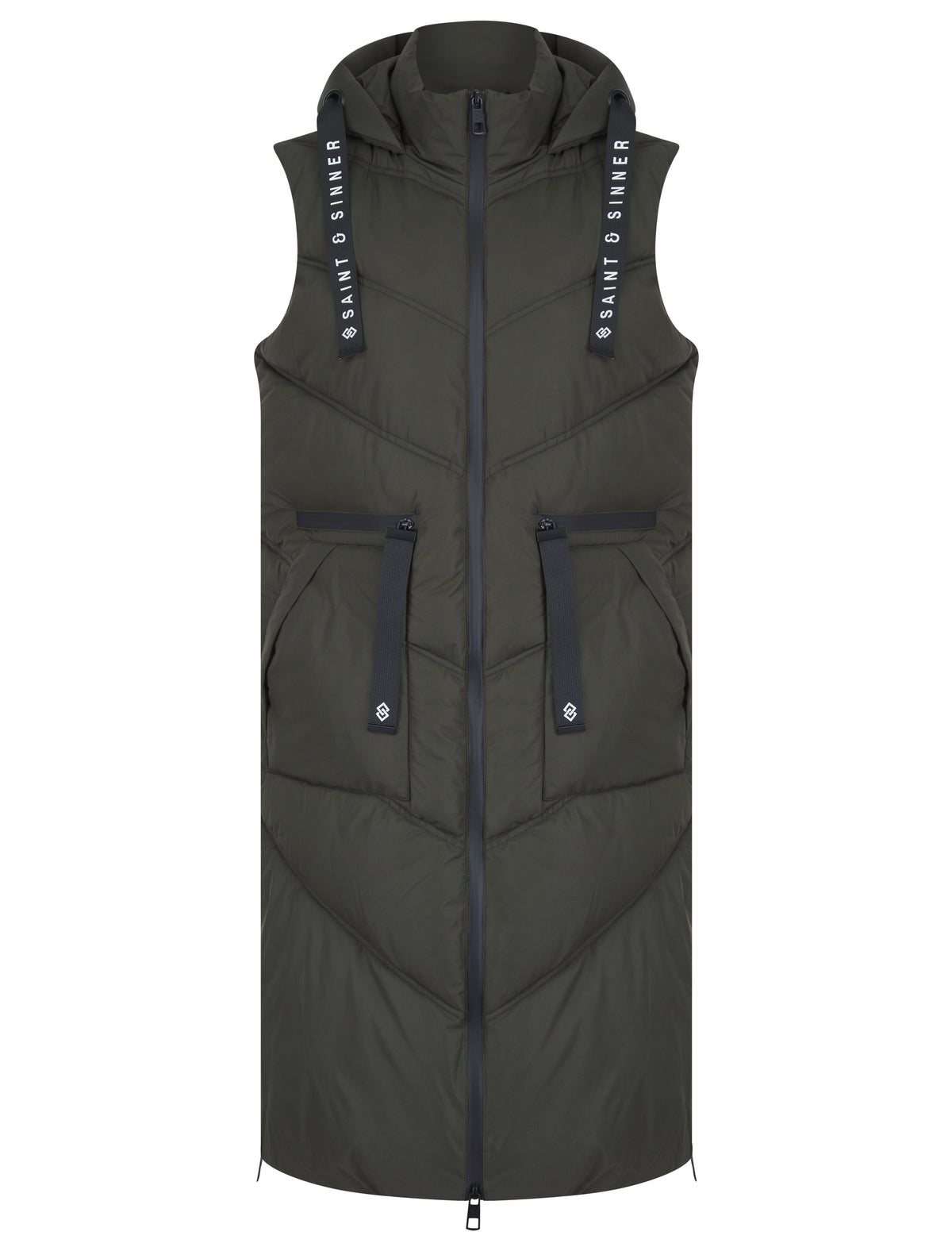 KHAKI QUILTED HOODED 4 POCKET PUFFER GILET