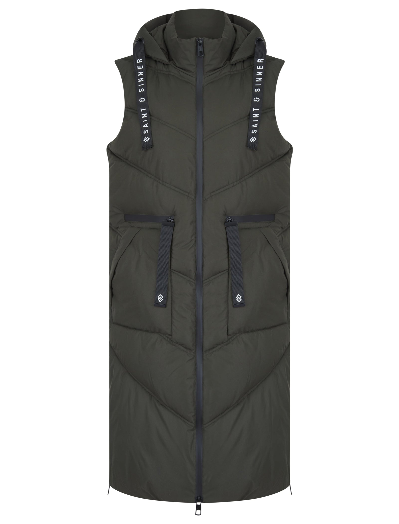 KHAKI QUILTED HOODED 4 POCKET PUFFER GILET