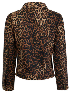 BROWN ANIMAL PRINT STRETCH DENIM JACKET