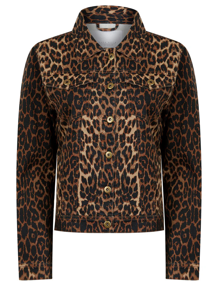 BROWN ANIMAL PRINT STRETCH DENIM JACKET