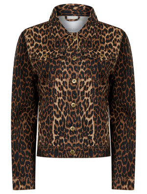 BROWN ANIMAL PRINT STRETCH DENIM JACKET