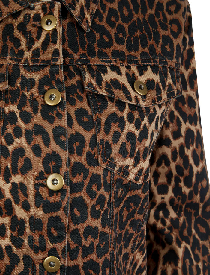 BROWN ANIMAL PRINT STRETCH DENIM JACKET