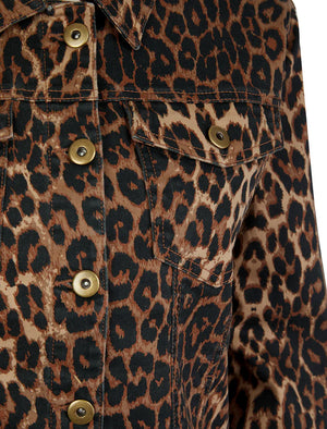 BROWN ANIMAL PRINT STRETCH DENIM JACKET