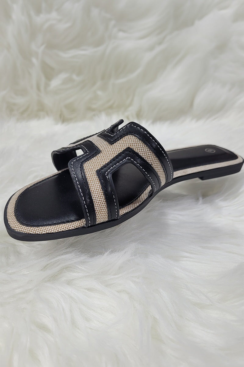 BLACK CUT OUT WOVEN TRIM FAUX LEATHER SLIDER