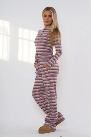 WINE PINK CREAM STRIPED MOLLY BUTTON TOP WITH WIDE LEG TROUSER