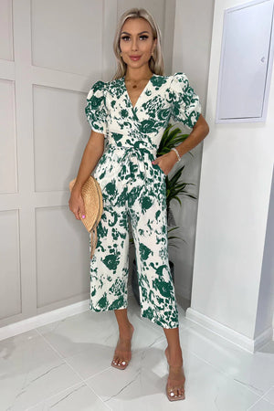 AX PARIS CREAM AND GREEN PRINTED WRAP OVER TIE WAIST JUMPSUIT