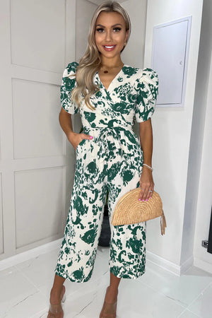 AX PARIS CREAM AND GREEN PRINTED WRAP OVER TIE WAIST JUMPSUIT