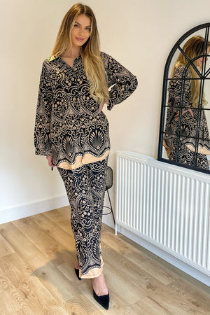 CAMEL AND BLACK PRINTED OVERSIZED SATIN SHIRT AND WIDE LEG TROUSER CO-ORD