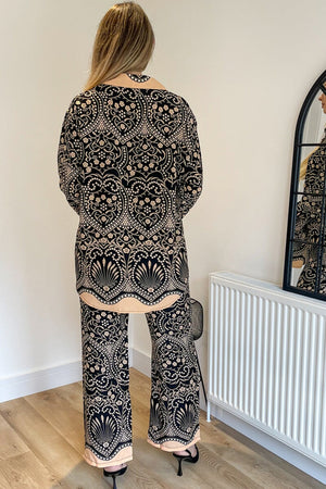 CAMEL AND BLACK PRINTED OVERSIZED SATIN SHIRT AND WIDE LEG TROUSER CO-ORD