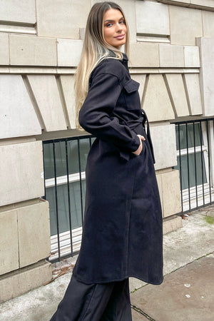 BLACK BUTTON THROUGH BELTED LONGLINE COAT