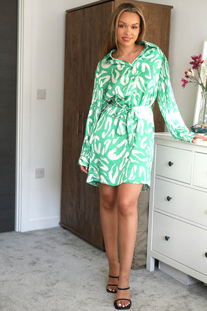 GREEN PRINTED PLEATED LONG SLEEVE BELTED SHIRT DRESS