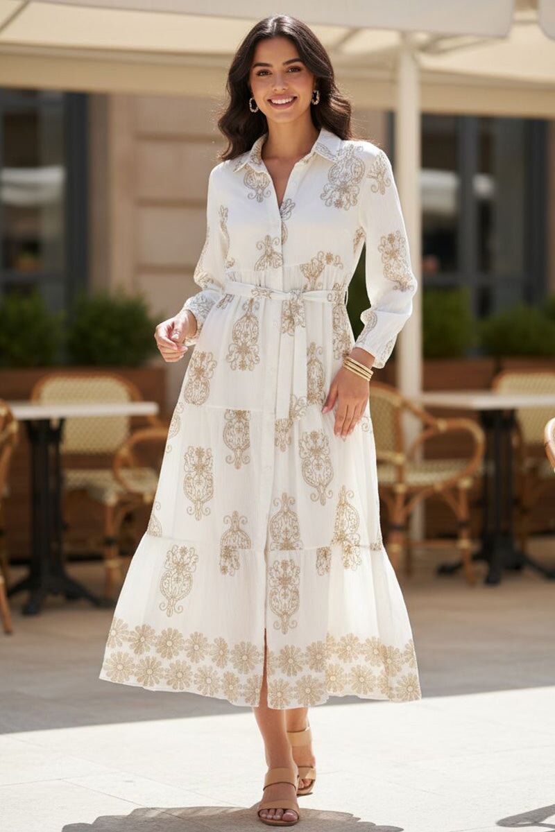 CREAM AND GOLD EMBROIDERED MAXI DRESS