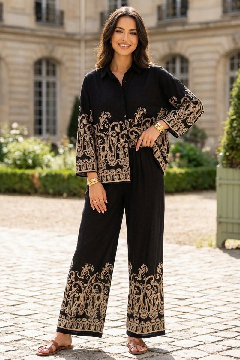 BLACK AND GOLD EMBROIDERED SHIRT AND WIDE LEG TROUSER CO-ORD