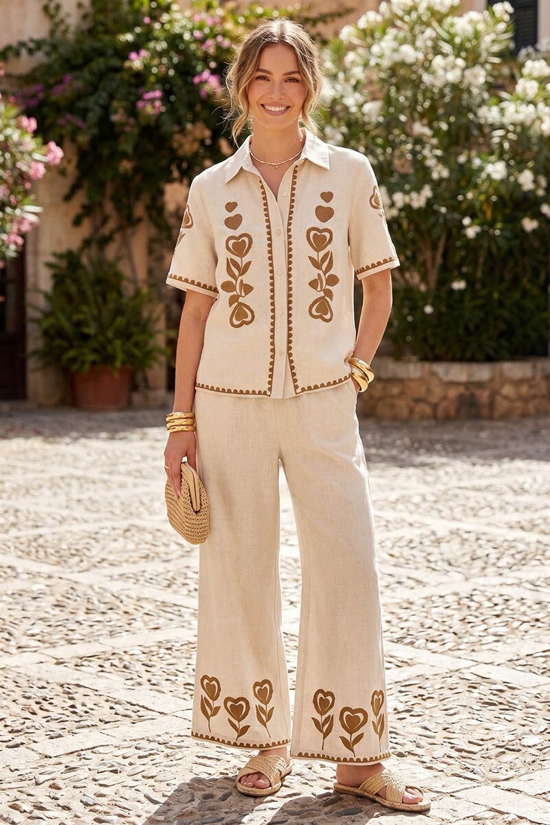 BEIGE LINEN EMBROIDERED SHIRT AND WIDE LEG TROUSER CO-ORD