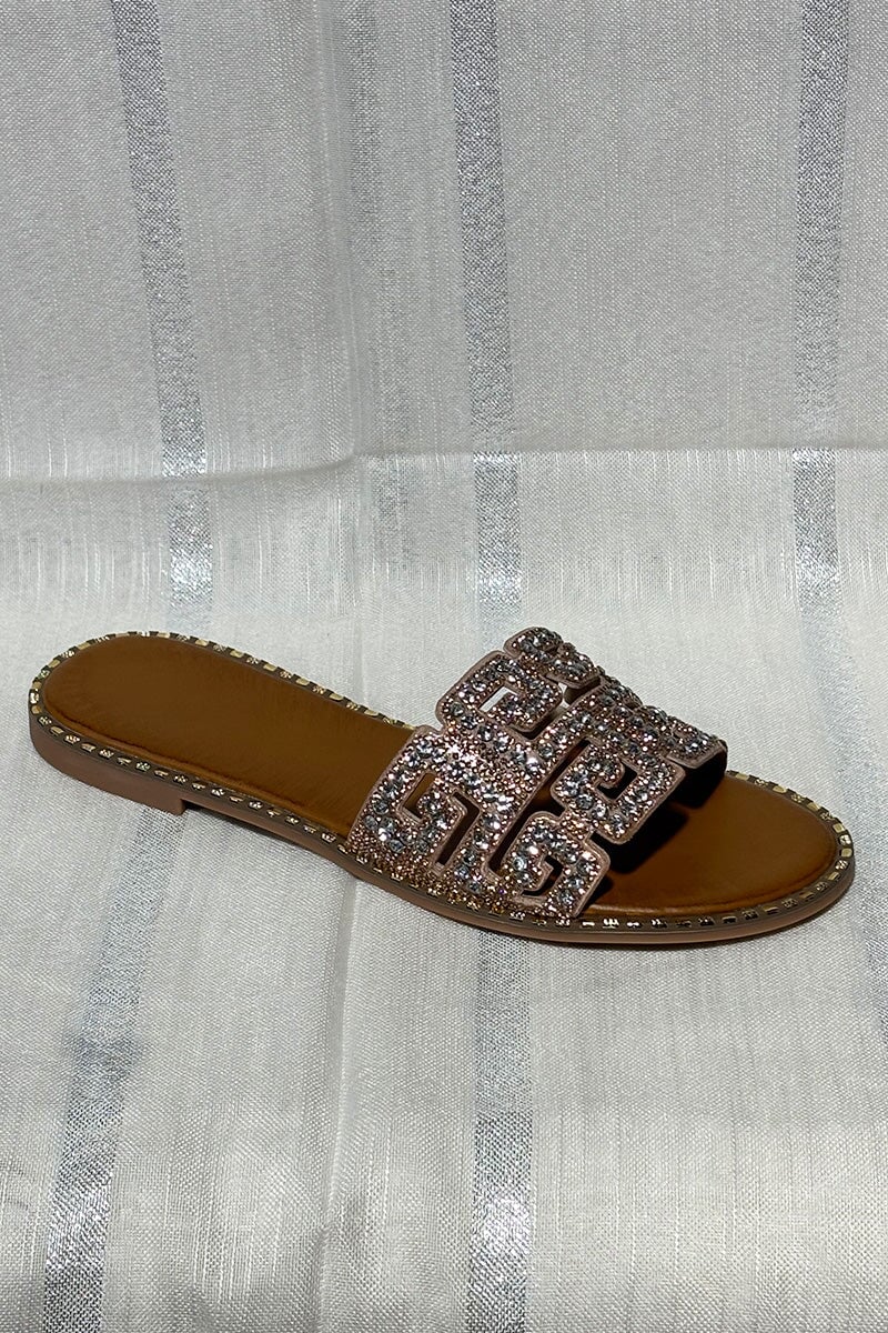 CHAMPAGNE EMBELLISHED FAUX LEATHER SLIDER