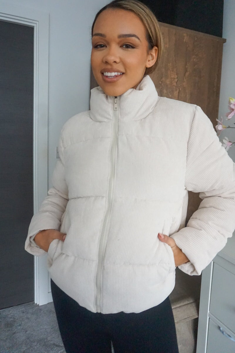 STONE CORDUROY QUILTED BOMBER JACKET