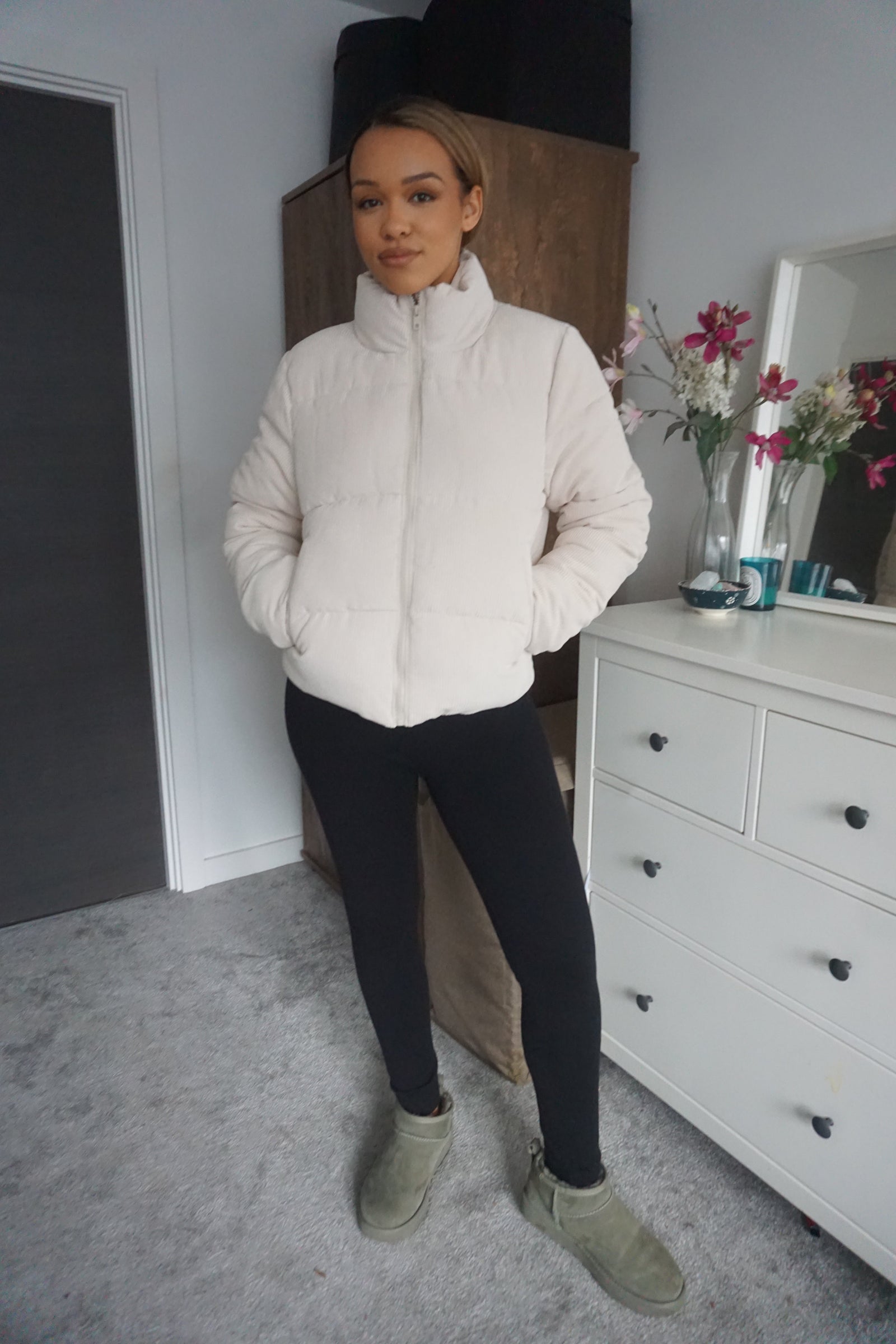 STONE CORDUROY QUILTED BOMBER JACKET