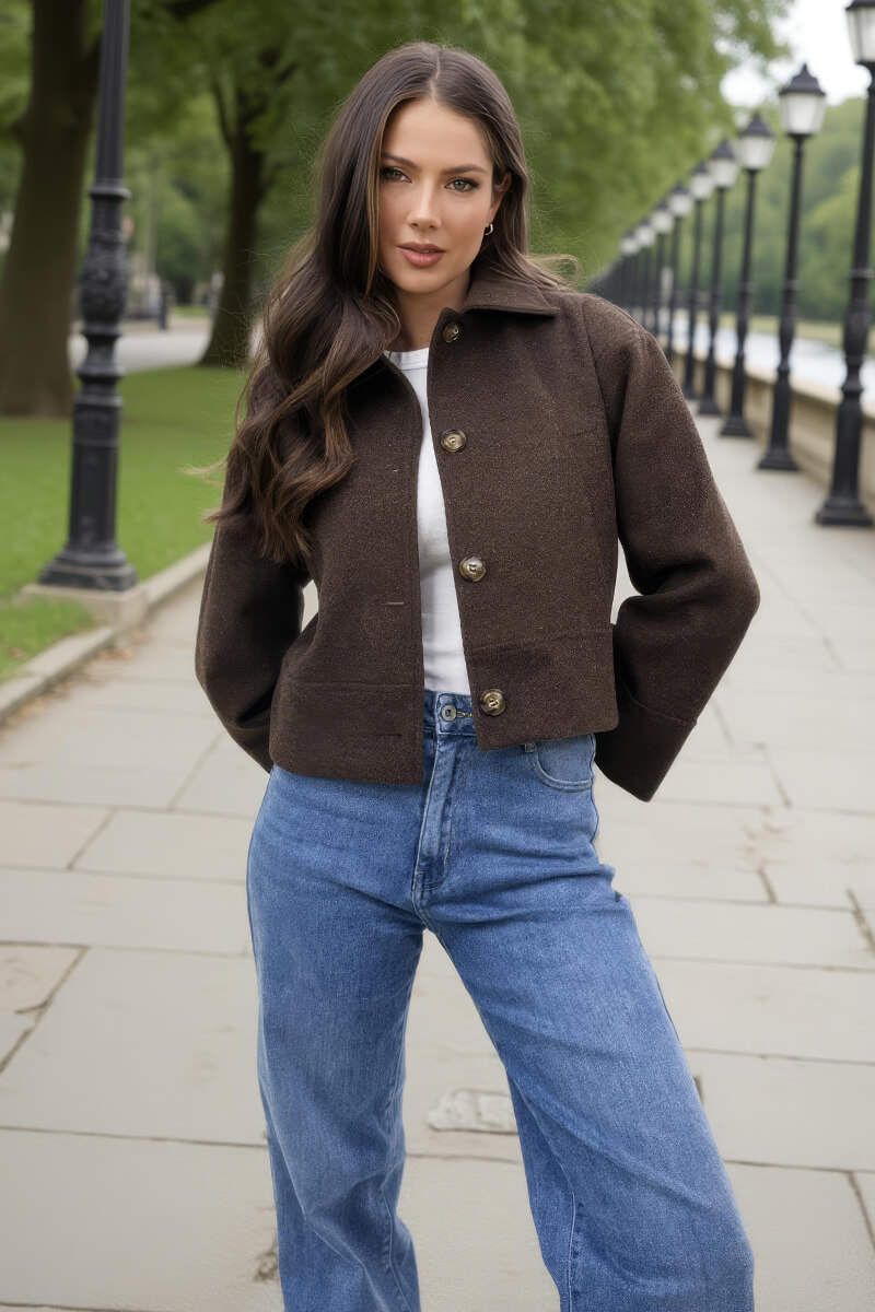 AX PARIS CHOCOLATE MARL BUTTON FRONT COLLARED JACKET