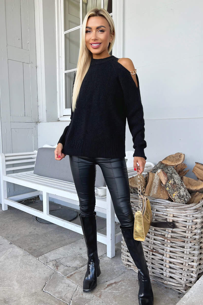 AX PARIS BLACK CUT OUT SHOULDER CHAIN DETAIL KNIT JUMPER