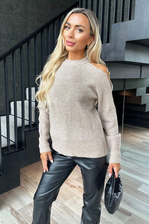 AX PARIS OATMEAL CUT OUT SHOULDER CHAIN DETAIL KNIT JUMPER