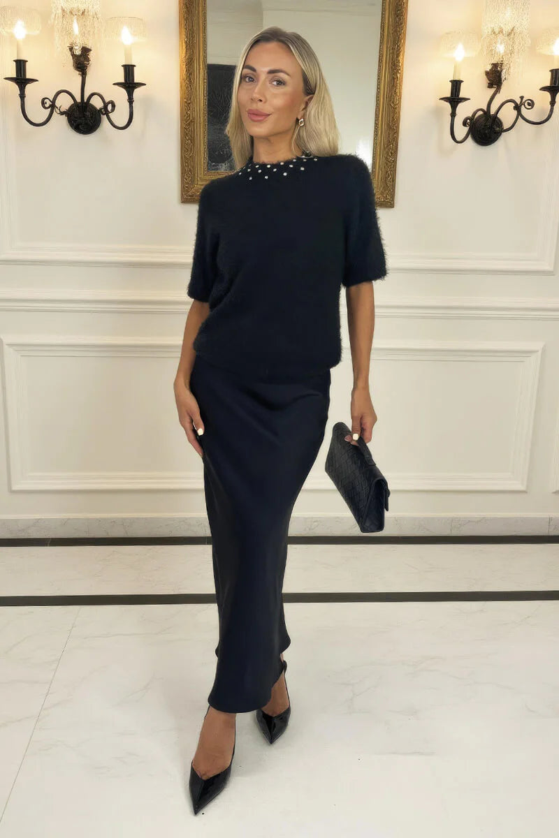 AX PARIS BLACK EMBELLISHED NECK FLUFFY KNIT TOP