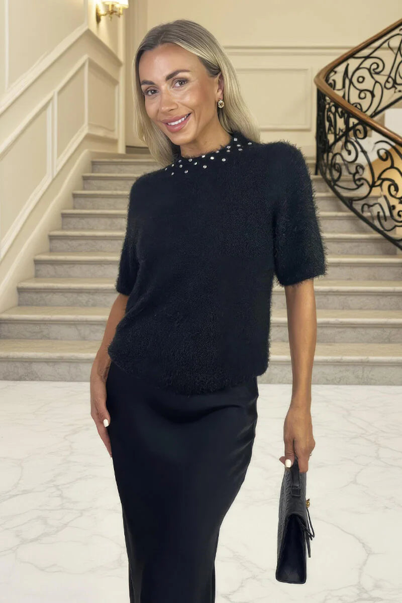 AX PARIS BLACK EMBELLISHED NECK FLUFFY KNIT TOP