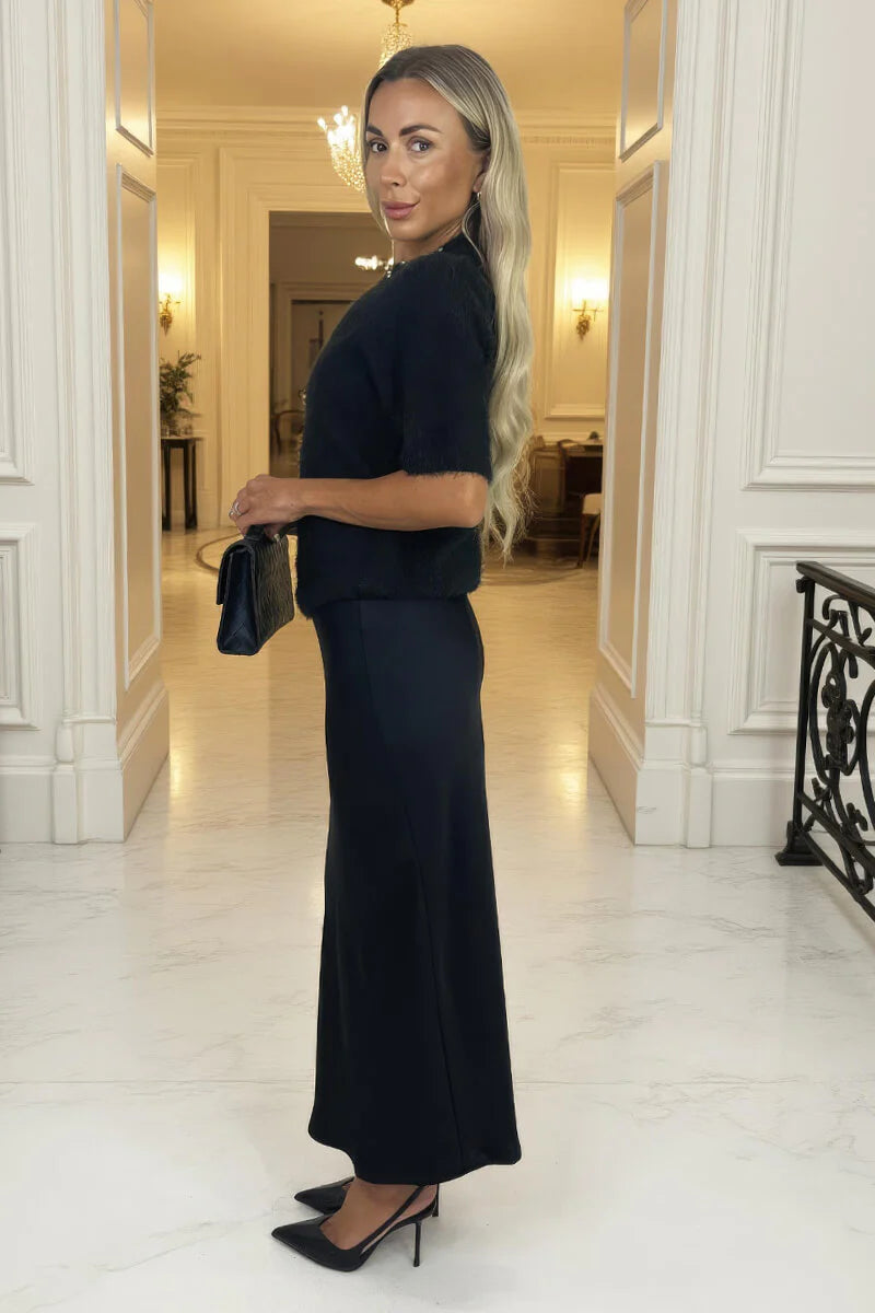 AX PARIS BLACK EMBELLISHED NECK FLUFFY KNIT TOP