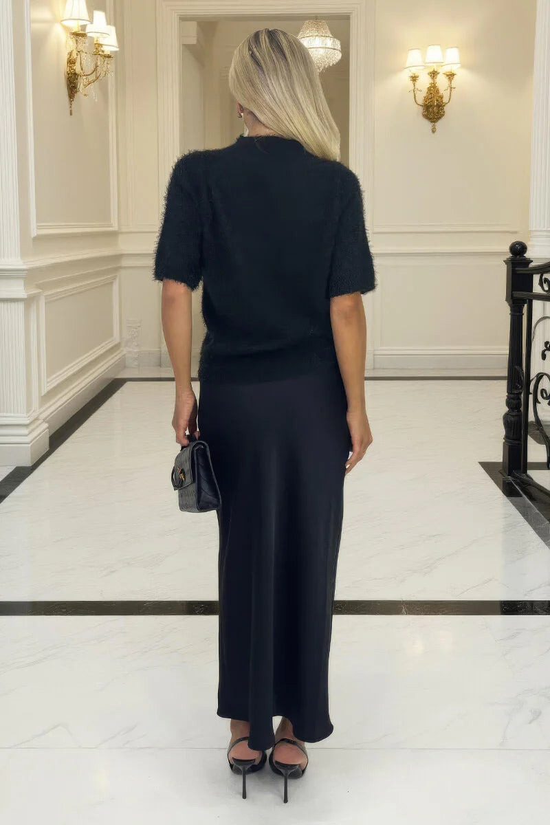 AX PARIS BLACK EMBELLISHED NECK FLUFFY KNIT TOP