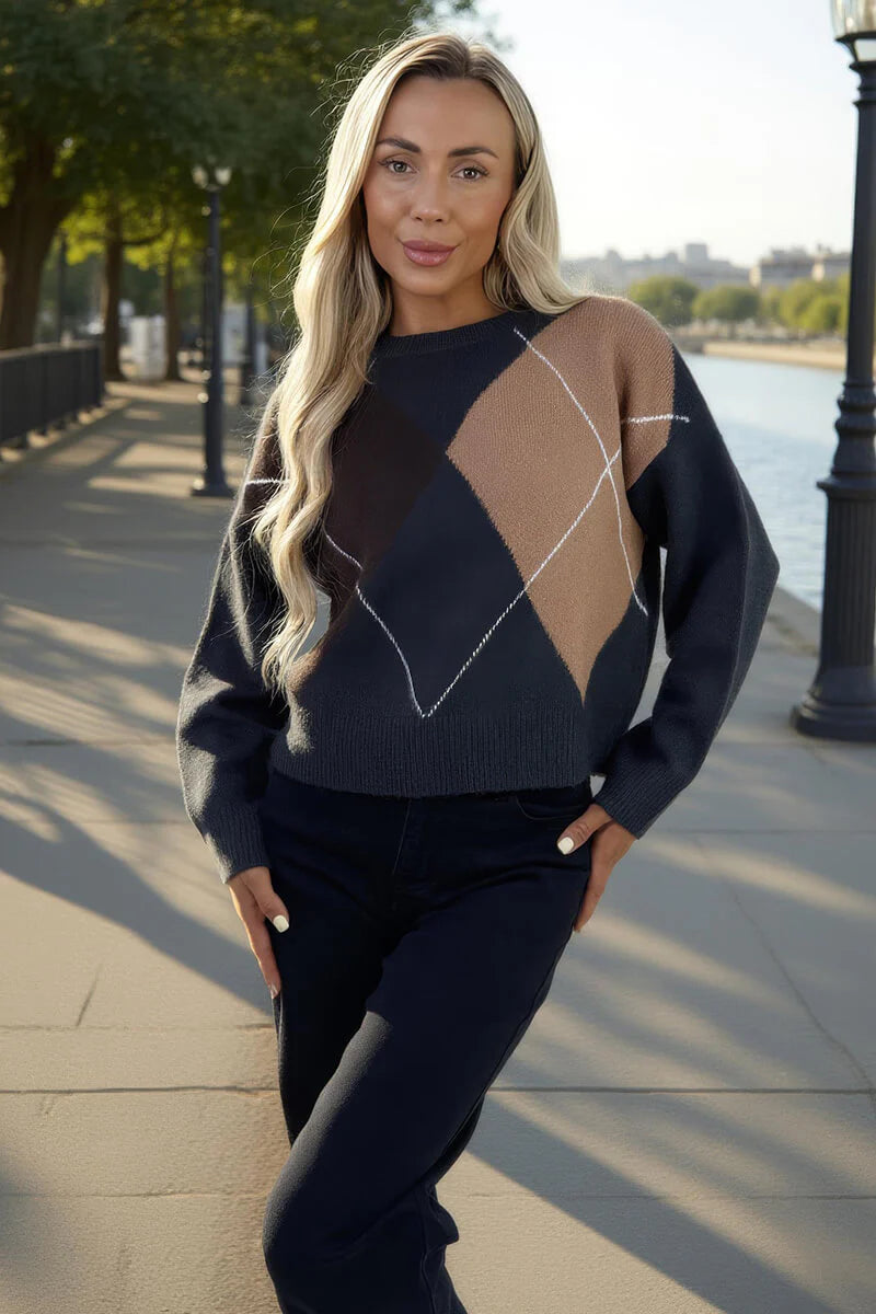 AX PARIS MULTI ARGYLE CREW NECK JUMPER