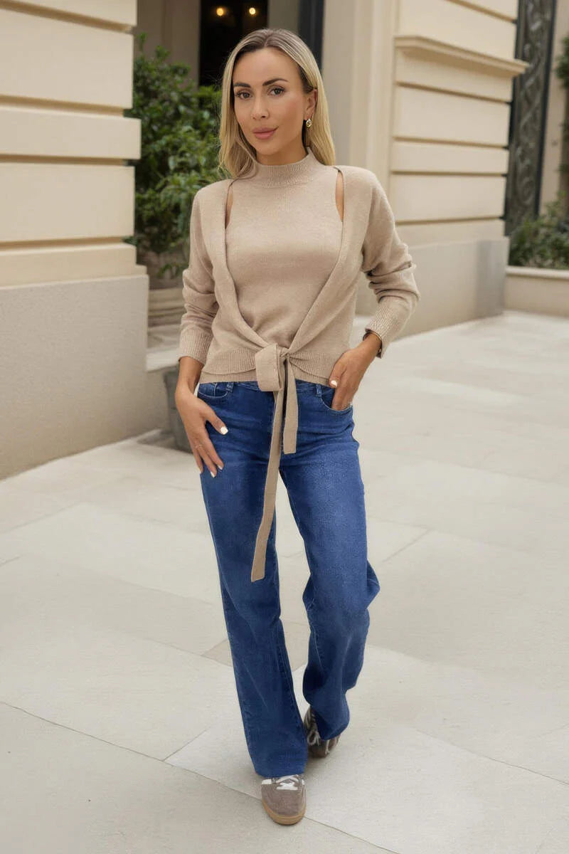 AX PARIS OATMEAL 2 IN 1 TIE FRONT JUMPER CARDIGAN