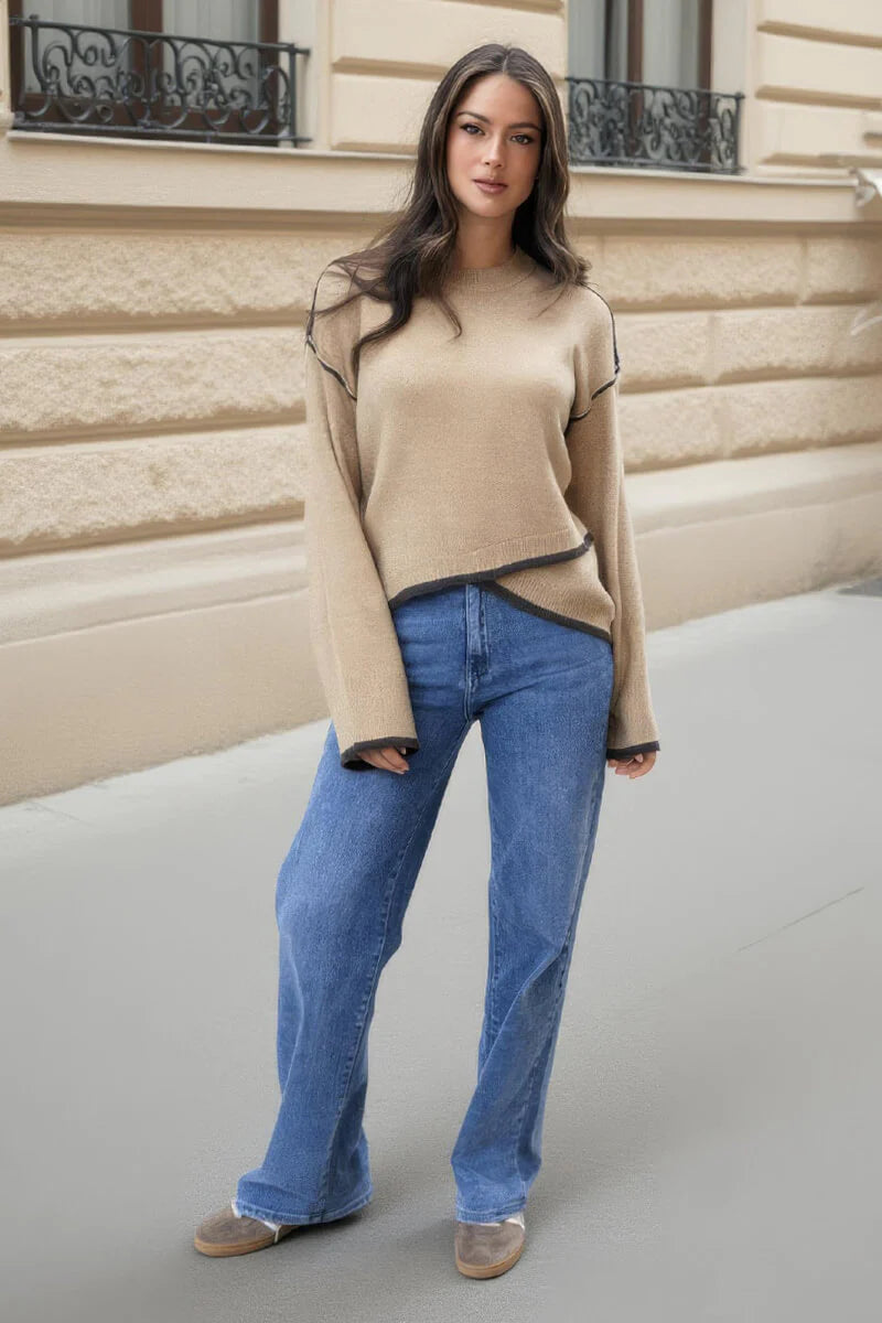 AX PARIS OATMEAL CONTRAST PIPING CREW NECK JUMPER