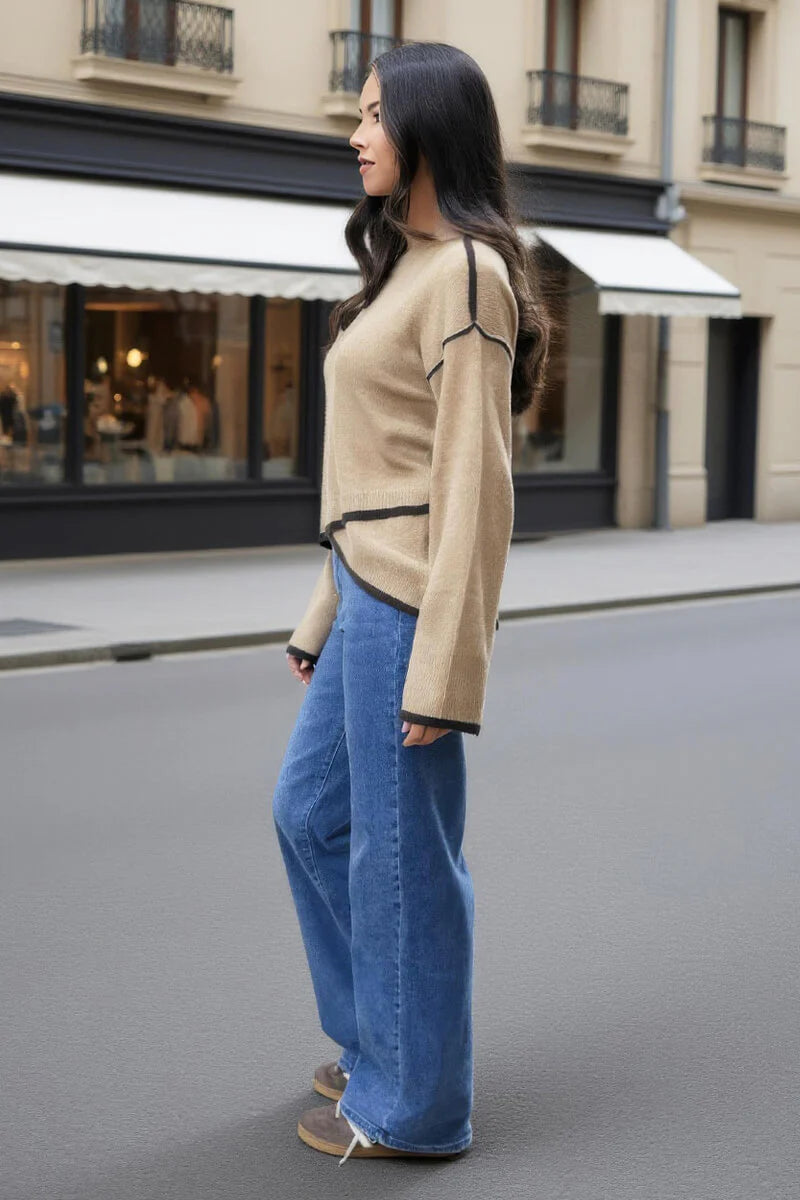 AX PARIS OATMEAL CONTRAST PIPING CREW NECK JUMPER