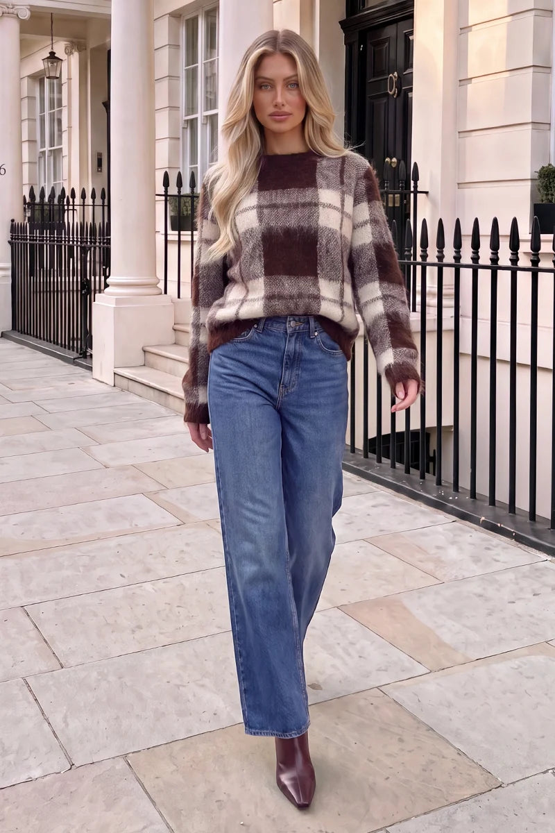 AX PARIS CHOCOLATE AND CREAM CHECK BRUSHED KNIT JUMPER