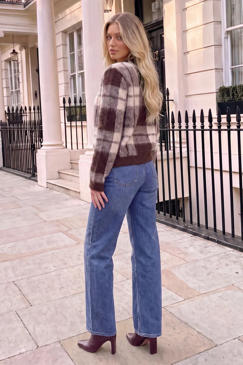 AX PARIS CHOCOLATE AND CREAM CHECK BRUSHED KNIT JUMPER