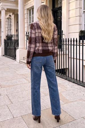AX PARIS CHOCOLATE AND CREAM CHECK BRUSHED KNIT JUMPER