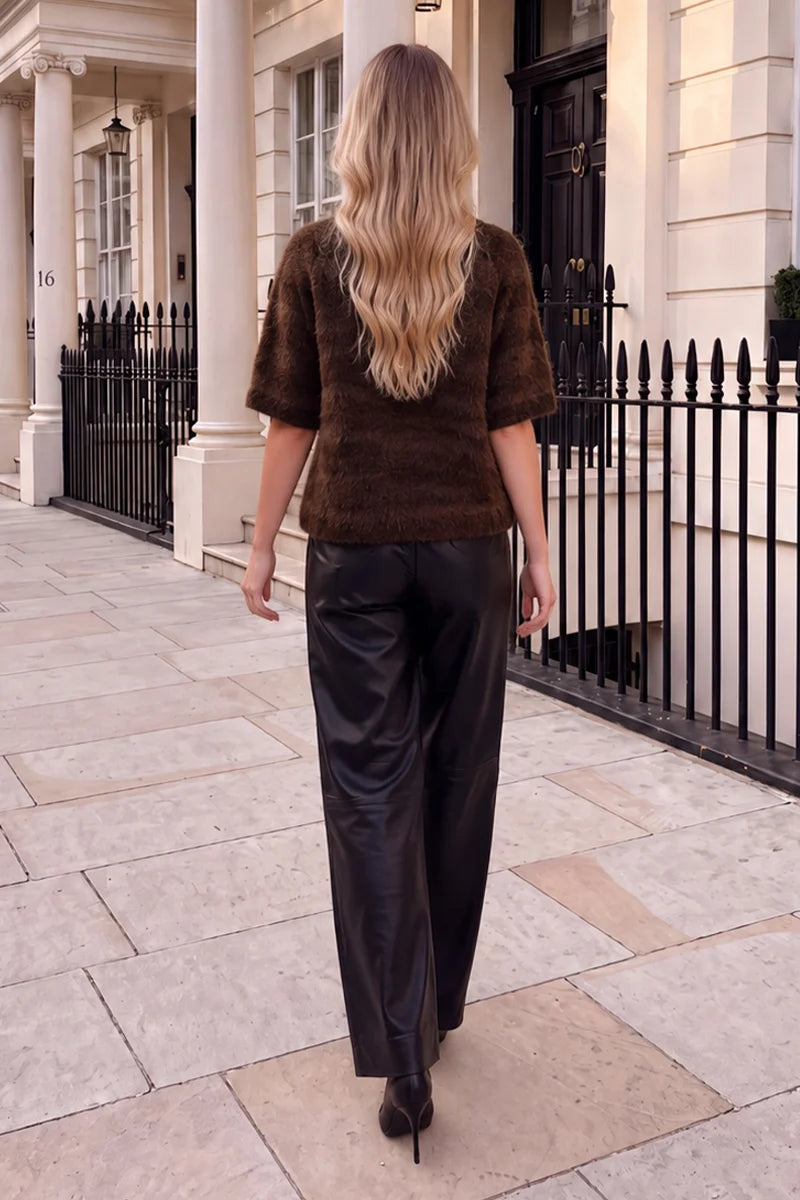 AX PARIS CHOCOLATE ANIMAL PRINT BRUSHED KNIT SHORT SLEEVE JUMPER