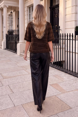 AX PARIS CHOCOLATE ANIMAL PRINT BRUSHED KNIT SHORT SLEEVE JUMPER